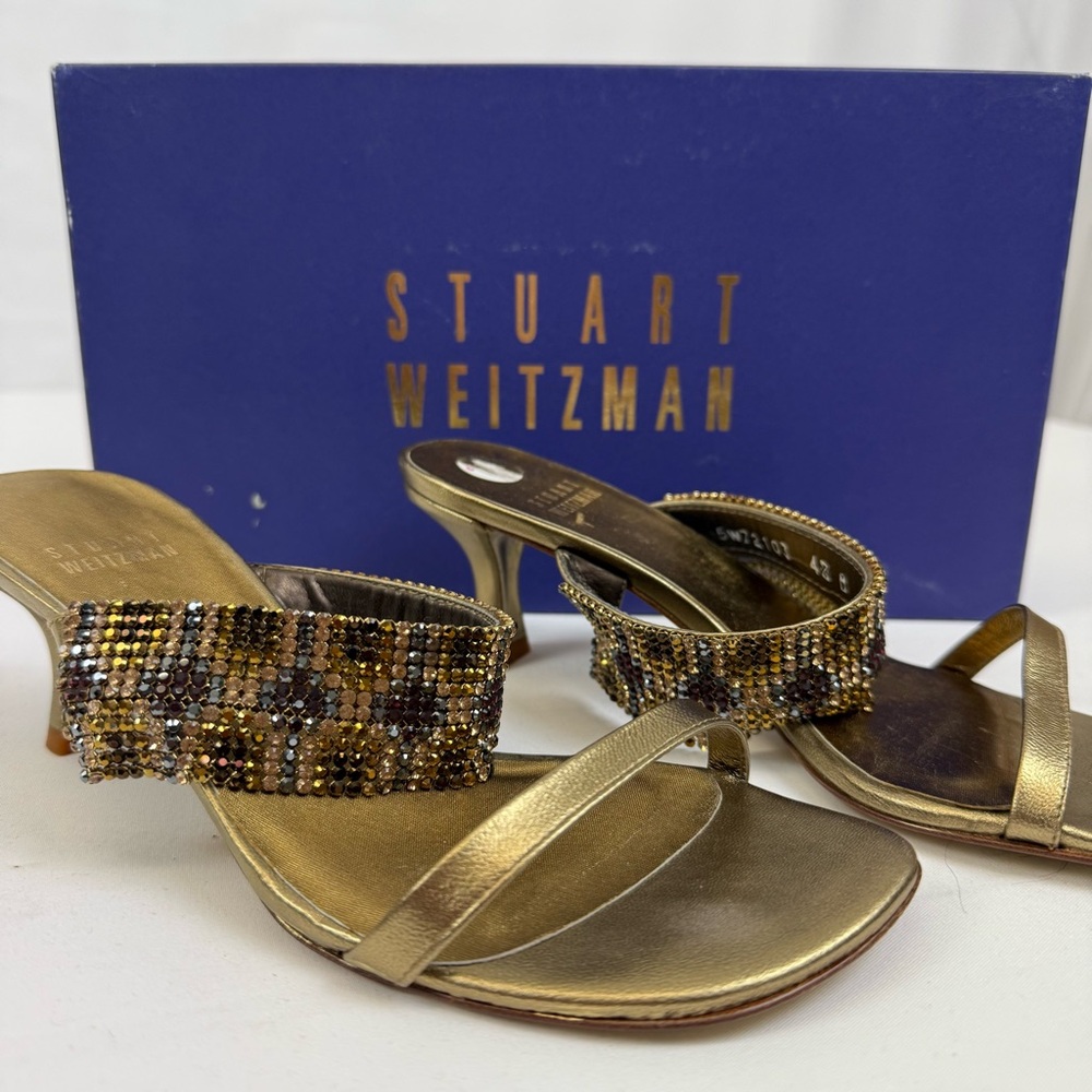 Stuart Weitzman Solar‎ Brass Supple Sandal Heels Beaded Drape Size 4.5 Big Kid